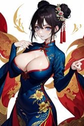 arm_up big_breasts black_hair blue_eyes blush cleavage dress earrings female hair_style jewelry large_breasts long_hair makeup navel pale_skin red_nails smiling smirk solo solo_female stomach traditional_clothing