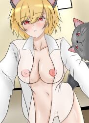 blonde_female blonde_hair breasts cat_ears cat_girl catgirl dominant dominant_female no_bra no_panties open_shirt pussy red_eyes skytexvt vampire_neko