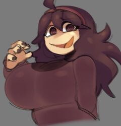 1girls big_breasts breasts clothing female hex_maniac huge_breasts long_hair looking_at_viewer nail_polish nintendo pokemon readraws reahmi smile solo spiral_eyes