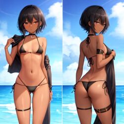 1girls ai_generated aihentai.co anything_diffusion back_view bikini black_hair breasts brown_eyes choker dark-skinned_female dark_skin female front_view looking_at_viewer looking_back medium_breasts original_character rear_view sea short_hair skinny small_bikini solo stable_diffusion