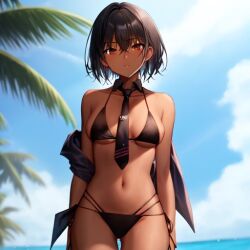 1girls :0 ai_generated aihentai.co anything_diffusion beach bikini black_hair breasts choker dark-skinned_female dark_skin female front_view looking_at_viewer medium_breasts open_mouth original_character red_eyes short_hair skinny solo stable_diffusion tie