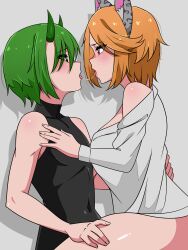 ann_hiro(vtuber) blonde_hair cat_ears catgirl drool_string green_eyes green_hair kissing loose_shirt no_panties red_eyes skytexvt tight_shirt vampire_neko