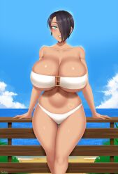 1girls bakunyuu belly_button big_breasts bikini bikini_tan black_hair blue_eyes blue_sky blue_water breasts cleavage clouds cloudy_sky curvaceous enormous_breasts eyepatch_bikini female female_only gigantic_breasts hair_over_one_eye hand_in_own_hair heart horizon hourglass_figure huge_breasts lips looking_at_viewer massive_breasts navel ocean original original_character outdoors saya_(twrlare) short_hair smile smiling_at_viewer solo solo_female swimsuit swimsuit_tan tan thick_thighs twrlare voluptuous voluptuous_female water wet