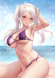 1girls absurd_res alternate_costume azto_dio bangs bare_shoulders beach bikini blush breasts brown_eyes cleavage collarbone fire_emblem fire_emblem_awakening frilled_bikini frills gold_eyes high_res long_hair looking_at_viewer navel nintendo ocean outside pose purple_bikini purple_swimsuit robin_(fire_emblem) robin_(fire_emblem)_(female) sand sideboob skindentation smile swimsuit thighs twintails underboob water white_hair yellow_eyes