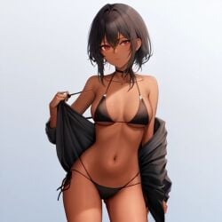 1girls ai_generated aihentai.co anything_diffusion bikini black_hair breasts choker concerned dark-skinned_female dark_skin female front_view looking_to_the_side medium_breasts navel original_character red_eyes short_hair skinny solo stable_diffusion visible_ribs