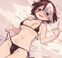 bags_under_eyes bikini black_bikini blush cleavage female female_only made_in_abyss mauyu medium_breasts micro_bikini on_back on_bed red_eyes red_hair short_hair smile solo sweat swimsuit two_tone_hair untied_bikini vueko white_streak