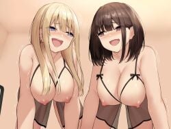 2girls all_fours babydoll black_bow blonde_hair blush bow breasts brown_hair cupless_babydoll ear_piercing earrings hanging_breasts highres imminent_penetration indoors jewelry large_breasts long_hair looking_at_another medium_hair multiple_girls nipples nose_blush original piercing purple_eyes see-through smile suinose trembling voluptuous voluptuous_female