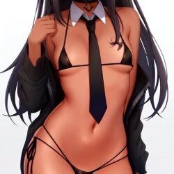 1girls ai_generated aihentai.co anything_diffusion bikini black_hair breasts dark-skinned_female dark_skin female front_view long_hair micro_bikini navel original_character petite_body removing_clothing removing_jacket skinny small_breasts solo stable_diffusion tie