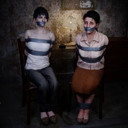 2girls 3d biohazard blender blender_taper bondage brown_hair clothed dirty_room duct_tape gag gagged marguerite_baker milf pants ponytail resident_evil resident_evil_7 short_hair skirt slippers tanktop tape_gag taped_mouth theblendertaper zoe_baker