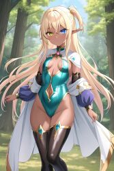 ai_generated dark-skinned_female dark_elf dark_skin elf elf_female gold_hair heterochromia pointed_ears pointy_ears thighs