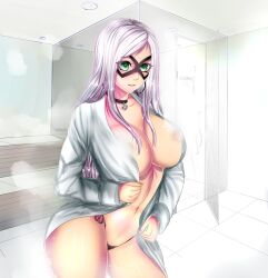 1female bathroom big_breasts black_cat_(marvel) black_panties breasts curvaceous curvy_female detailed detailed_background felicia_hardy female female_only flowerxl green_eyes highres hourglass_figure indoors large_breasts marvel nail_polish necklace no_bra pale-skinned_female panties platinum_hair shower_(place) solo solo_female spider-man_(series) standing straight straight_hair thick_thighs white_clothes white_clothing