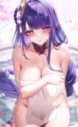 1girl 1girls :o absurdres bathtub big_breasts blush breasts choker choker_only cleavage covering covering_breasts covering_self embarrassed embarrassed_nude_female enf eyebrows_visible_through_hair eyelashes_visible_through_hair falling_petals fantongjun female female_only flower genshin_impact hair_flower hair_ornament highres holding_towel large_breasts leaning_on_hand long_hair looking_at_viewer mole mole_under_eye mostly_nude naked_towel nude nude_female open_mouth partially_submerged petals petals_on_liquid practically_nude purple_eyes purple_flower purple_hair raiden_shogun sitting solo tagme tassel tassel_hair_ornament thick_thighs thighs_together towel towel_only very_long_hair water wide_hips