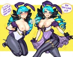 1girls areolae artist_name bangs big_breasts blue_eyes blue_hair blush blushypixy blushyspicy breasts bunny_ears clothed clothing eyelashes female female_human female_only gwen_(league_of_legends) heels high_heels hips hourglass_figure human large_breasts league_of_legends light-skinned_female light_skin long_hair looking_at_viewer nipples pantyhose rabbit_ears smile solo thighs topless topless_female twin_drills twintails