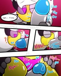 1girls 2futas before_sex blowjob comic comic_page geometry_dash one_experimental_night_(yellolight) penis_on_face robot robot_girl thighjob trianna_(yellolight) white_hair yellolight