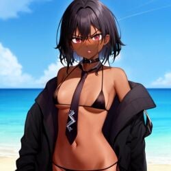 1girls ai_generated aihentai.co angry angry_face anything_diffusion beach bikini black_hair breasts choker dark-skinned_female dark_skin female front_view looking_at_viewer original_character rear_view red_eyes removing_clothing removing_shirt short_hair skinny small_bikini small_breasts solo stable_diffusion tie