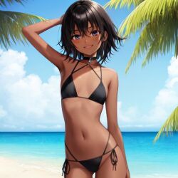 1girls ai_generated aihentai.co anything_diffusion beach bikini black_eyes black_hair choker dark-skinned_female dark_skin female flat_chest front_view happy looking_at_viewer original_character short_hair skinny smile smiling solo stable_diffusion