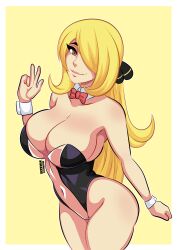 1girls alternate_costume alternate_eye_color blonde_hair breasts cynthia_(pokemon) deckman female female_only hair_over_one_eye large_breasts leotard looking_at_viewer mrdeck nintendo pokemon pokemon_dppt solo thighs white_border wide_hips yellow_background yellow_eyes yellow_theme