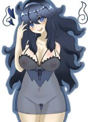 black_hair blue_eyes blush brown_hair clothed clothing doors_drop game_freak hex_maniac nintendo nipples_visible_through_clothing pokemon pokemon_xy pussy_visible_through_clothes see-through see-through_clothing smile solo useless_clothing white_background