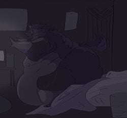 anthro ass bedroom belly big_belly big_butt bodily_fluids canid fanofblimp hi_res huge_butt male mammal monochrome morbidly_obese morbidly_obese_anthro morbidly_obese_male obese obese_anthro obese_male overweight overweight_anthro overweight_male solo struggling sweat