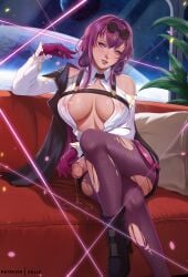 1futa big_breasts big_penis breasts clothed clothing exlic flaccid futa_only futanari honkai:_star_rail horny kafka_(honkai:_star_rail) large_breasts light-skinned_futanari light_skin long_hair mostly_clothed nipples_visible_through_clothing open_clothes penis precum precum_drip precum_pool sitting solo