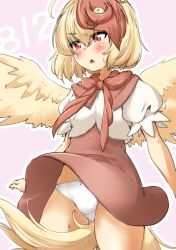 1girls 2023 bird bird_girl bird_tail bird_wings blonde_hair blush bow_panties chicken_girl chicken_tail chicken_wings dress dress_lift embarrassed hair_ornament kutaka_niwatari mepikari panties red_eyes short_hair standing sweat tagme tail touhou white_panties wings