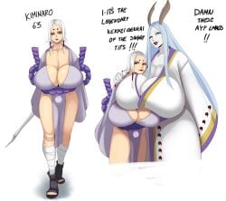 1 2girls big_ass big_breasts dress female_only gigantic_breasts girls horns huge_breasts kimimaro light-skinned_female light_skin long_hair naruto naruto_(series) otsutsuki_kaguya pelvic_curtain rule_63 short_hair sunnysundown white_background