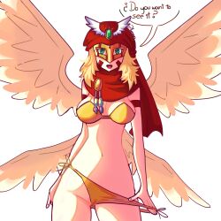 4_wings angel_wings artist_name artist_request bikini breasts darcmon dialogue digimon digimon_(species) female female_only large_breasts looking_at_viewer mask masked masked_female multi_wing open_mouth pulling_panties pulling_panties_down red_scarf speech_bubble spread_wings swimsuit teasing teasing_viewer thick_thighs thighhighs thighs white_background wings yellow_bikini