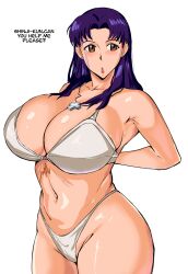 1girls big_breasts blush bottomwear bra breasts brown_eyes cleavage english english_text female female_focus hair huge_breasts human large_breasts light-skinned_female light_skin long_hair mature mature_female mature_woman misato_katsuragi necklace neckwear neon_genesis_evangelion panarandom panties purple_hair scar scar_on_stomach talking_to_another talking_to_offscreen text topwear white_bra white_panties