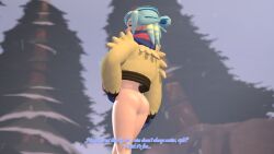 dialogue dick english_text femboy grusha_(pokemon) hips lifting_shirt male male_only penis pokemon pokemon_sv presenting snow solo source_filmmaker source_request