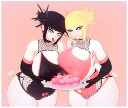 2girls 3d alternate_version_available apron armwear big_breasts black_apron black_gloves black_hair black_nail_polish black_nails blonde_hair boku_no_hero_academia breast_to_breast breasts cleavage double_bun ear_piercing earrings elbow_gloves female female_only fishnet fishnets goth goth_girl gothic hair himiko_toga huge_breasts koikashura my_hero_academia nail_polish nails pink_apron smile thick_thighs thighs toga_himiko tongue tongue_out tongue_piercing yellow_eyes