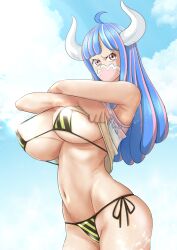 1girls belly_button big_breasts bikini blue_hair blue_sky breasts cleavage clouds eyepatch_bikini female female_only horns long_hair mask minpei_ichigo nipple_bulge one_piece shirt_lift skimpy skimpy_bikini sky solo ulti_(one_piece)