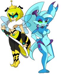 2girls bee bee_girl blue_skin breasts chaoscroc datwondoude female female_only green_eyes implied_transformation insect_abdomen insect_girl insect_humanoid insect_wings midriff multiple_girls navel no_nipples no_pupils shantae shantae_(character) smile smooth_skin tail thick_thighs thighs transformation wetgal_(shantae) white_background wide_hips