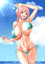 1girls armpits arms_up belly_button big_breasts bikini blue_sky bouncing_breasts breasts cleavage female female_only huge_breasts long_hair looking_at_viewer minpei_ichigo nipple_bulge one_piece open_mouth pink_hair rebecca_(one_piece) teen teenager