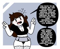 1girls accurate_art_style asexual big_breasts breasts brown_hair clothing edit edited english english_text erect_nipples female female_only huge_breasts jaiden jaiden_animations jaidenanimations long_hair miniskirt nipples orientation_play pov pubic_hair screencap screenshot screenshot_edit serious skirt stated_sexuality steca stockings talking_to_viewer thelazyart thick thick_ass thick_legs thighs youtube youtuber