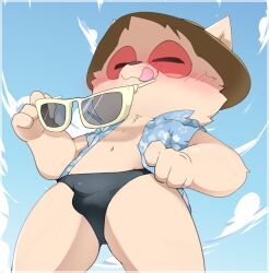 bikini_thong blush bulge closed_eyes clothed clothing cuz detailed_background eyewear facial_markings fur hat head_markings headgear headwear hi_res holding_eyewear holding_glasses holding_object league_of_legends low-angle_view male markings mask_(marking) navel open_clothing open_shirt open_topwear patterned_clothing riot_games shirt smite_(artist) solo swimwear teemo teemo_(lol) tongue tongue_out topwear white_body white_fur yordle zanthro