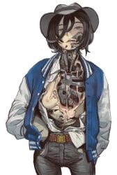 1girl 1girls android belt_buckle black_hair blue_eyes bob_cut bones buckle commission contrapposto cowboy_hat cowboy_shot cowgirl cyborg dark_hair exposed_breasts exposed_nipples flesh goes_hard hair_between_eyes half-dressed half_naked hands_in_pockets hat heart highres jacket jersey looking_at_viewer mechanical_parts melted melted_skin metal metal_bones metal_skeleton mossa mossacannibalis nipples nonsexual_nudity one_breast_out open_clothes open_jacket open_shirt original pale-skinned_female pale_skin robot robot_girl shirt shirt_tucked_in simple_background skeletal skeleton small_breasts solo teeth torn_skin undressed varsity_jacket white_background white_body white_shirt white_skin white_skinned_female