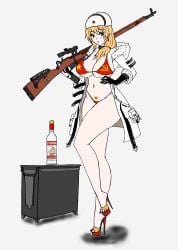 ammo_box blonde_hair blue_eyes collar eastern_european flag_bikini girls'_frontline high_heel_sandals high_heels holding_gun hooded_jacket large_breasts liquor_bottle long_legs mosin-nagant_(girls'_frontline) national_personification navel platform_heels pubic_tattoo red_star russia russian russian_girl side_ponytail slavic soviet soviet_union toenail_polish underboob ushanka ussr vodka wide_hips