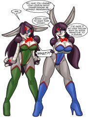 2girls bunny_ears bunny_girl bunnysuit chaos_croc chaoscroc english_text female high_heel_boots high_heels huge_ass huge_breasts implied_transformation leotard lips multiple_girls robot_girl robotization smile text thick_thighs transformation wide_hips