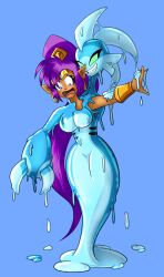 1girls blue_skin breasts female female_only green_eyes implied_transformation lips mid-transformation navel shantae shantae_(character) slimycorrupter smile smooth_skin solo thick_thighs thighs transformation wetgal_(shantae) wide_hips