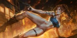 black_lagoon bottomless breasts brown_hair cigarette city female fingerless_gloves gloves gun handgun large_breasts lips long_hair navel ponytail pussy revy shoulder_tattoo smoking solo tank_top tattoo thigh_strap tixnen tribal_tattoo uncensored weapon web_address