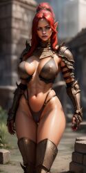 1girls 2023 ai_generated armor bare_midriff bare_thighs big_breasts bikini_armor breasts brown_body brown_skin cameltoe clothed_female elf elf_female female green_body green_skin hybrid kunjin_gra-zob light-skinned_female light_skin looking_at_viewer nipples_visible_through_clothing orc orc_female orsimer panties pinup pinup_pose pointy_ears red_hair skyrim stable_diffusion sword the_elder_scrolls thighhighs unconvincing_armor