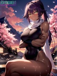 ai_generated arms_crossed black_leotard bleach cherry_blossoms curvaceous curvy curvy_body curvy_female curvy_figure dark-skinned_female east_asian_architecture hi_res high_resolution highres looking_at_viewer muscular_female nai_diffusion narrow_waist parted_lips ponytail purple_hair sauna shihouin_yoruichi skyrimgamer17 stable_diffusion sunset thick_legs thick_thighs wet_body white_scarf wide_hips yellow_eyes