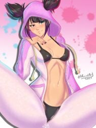 1girls accidart black_bra black_hair breasts capcom different_eye_color dyed_hair female female_only hair_over_one_eye highres juri_han navel onesie pajamas solo street_fighter street_fighter_6 twitter_username underwear