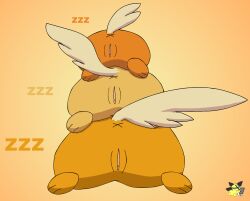 2023 anus artist_logo ass butt_stack female feral fur generation_9_pokemon genitals group logo nintendo orange_background orange_body orange_fur pamo pamot parmot pawmi pawmo pawmot pichu90 pokemon pokemon_(species) pussy rear_view simple_background sleeping sound_effects trio vowelless vowelless_sound_effect zzz