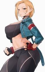 1girls absurd_res black_choker blonde_hair blue_eyes breasts cammy_white capcom choker female female_only hi_res kataku_musou large_breasts looking_at_viewer midriff scar solo street_fighter street_fighter_6 thighs wide_hips