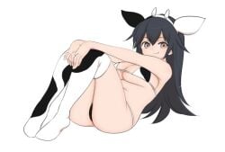 1girls arms_on_knees black_hair brown_eyes cow_ears cow_horns cow_print cow_print_bikini cow_print_thighhighs female hair_between_eyes headband highres large_breasts licking_lips mostly_nude_female murayamawataru reclining sitting smiling smiling_at_viewer the_battle_cats thick_thighs thighhighs thundia