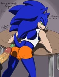 1boy anthro aoibeast artist_request ass balls bent_over_table dialogue duo femboy_hooters genitals hooters imminent_sex looking_at_viewer looking_back male male/male male_focus male_only penis sega shadow_the_hedgehog sonic_(series) sonic_the_hedgehog sonic_the_hedgehog_(series) text veiny_penis yaoi