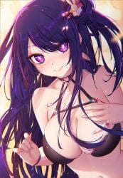 1girls cleavage female female_focus female_only hoshino_ai idol long_hair mitsu_art oshi_no_ko pubic_hair purple_eyes purple_hair solo solo_female solo_focus