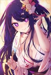 1girls cleavage female female_focus female_only hoshino_ai idol long_hair mitsu_art oshi_no_ko pubic_hair purple_eyes purple_hair solo solo_female solo_focus