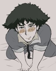 anime_style blushing_at_viewer cowboy_bebop looking_at_viewer male male_only neppyin on_knees pov_eye_contact smirking_at_viewer sole_male solo solo_male spike_spiegel